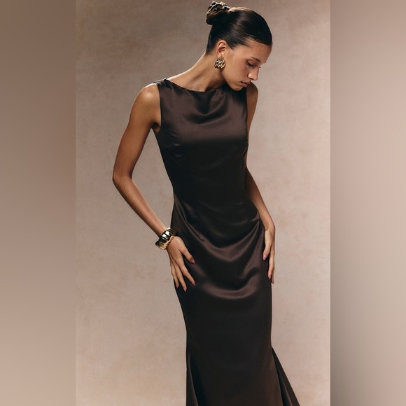 NWT PrettyLittleThings Chocolate Brown Boat Neck Satin Fishtail Midi Dress-US 6 - Picture 12 of 14